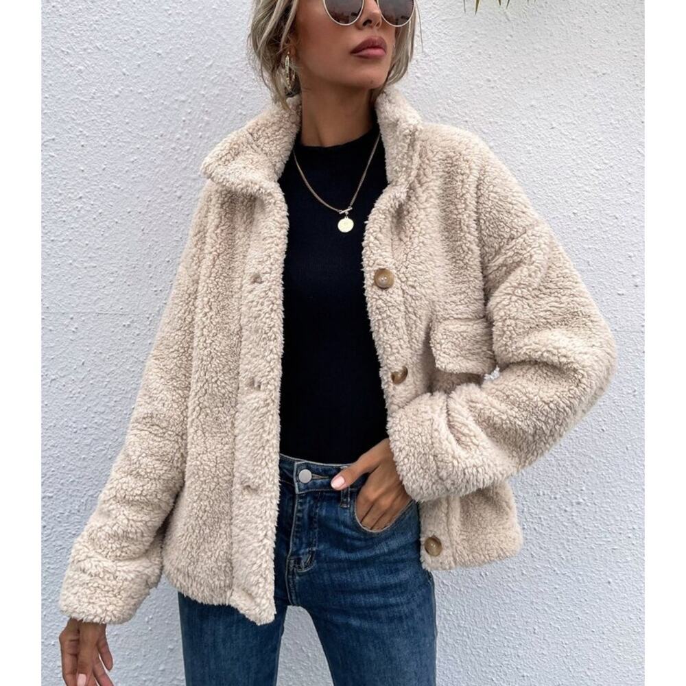SHEIN Essnce Drop Shoulder Stand Collar Teddy Jacket Cream Fleece Sz M - Picture 1 of 4